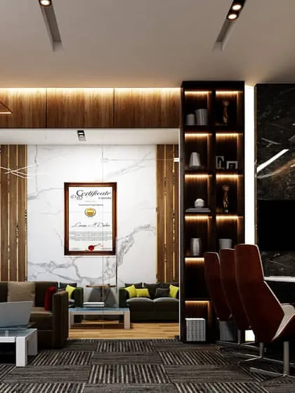 This view shows the executive office with its attached lounge area. The design provides a multifunctional space where formal meetings can transition into more relaxed discussions, all within a consistently luxurious aesthetic.