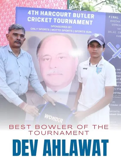 Dev Ahlawat receiving the Best Bowler of the Tournament award. A well-deserved recognition for his consistent performance.