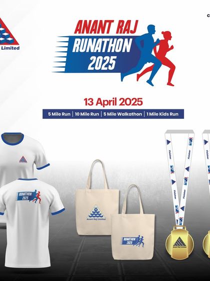 Here's what you get when you run with us. A glimpse of the finisher kit for the Anant Raj Runathon, including the official T-shirt, medal, and tote bag.