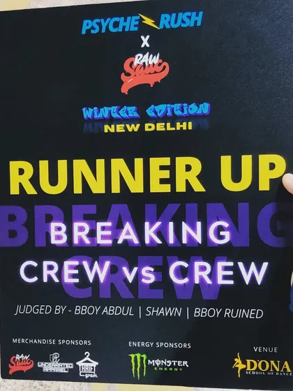 Proud to have secured the Runner Up position at the Psyche Rush Winter Edition in New Delhi. Competing in these crew battles pushes our choreography, teamwork, and breaking skills to the next level.
