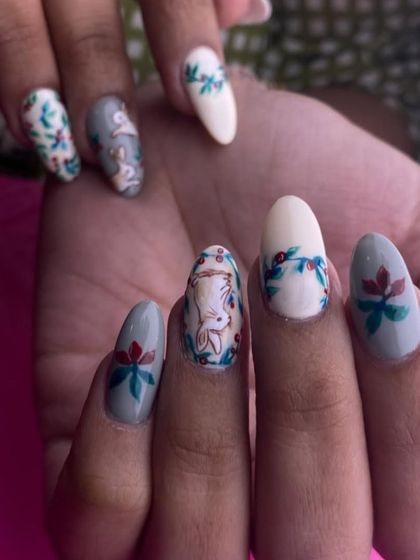 A delicate, nature-inspired design perfect for any season. This set features intricate, hand-painted bunnies and foliage in a soft, muted color palette.