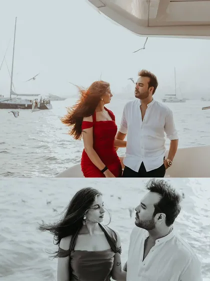 A collage showing a couple's connection on a yacht, captured in both vibrant color and timeless black and white, with the sea breeze adding natural movement.