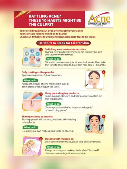 Are you battling acne? This infographic details 10 common habits that might be causing your breakouts, from using the wrong products to not cleaning your makeup brushes.