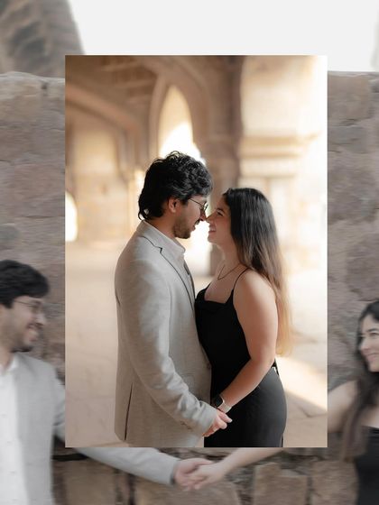 A photo collage capturing the candid and romantic moments of a pre-wedding shoot. It shows the couple's natural interactions, from shared laughter to a quiet embrace, against a historic backdrop.