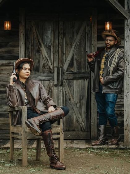 A cool, editorial-style shot from a cowboy-themed set. The posing and leather outfits create a strong, narrative-driven image.