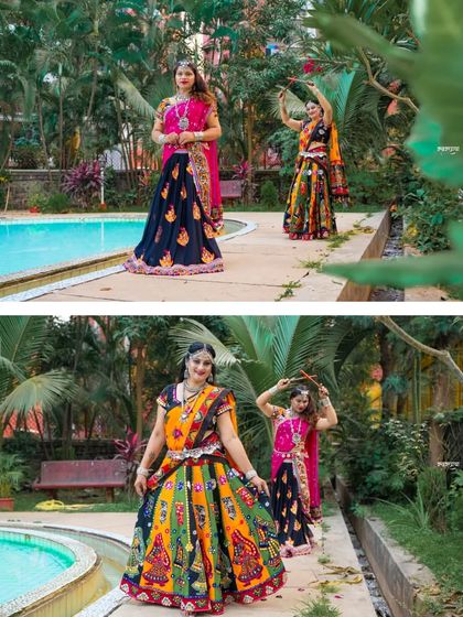 The vibrant energy of a Navratri Garba shoot. This collage shows two women in colorful chaniya cholis, posing and dancing with dandiya sticks by a pool, capturing the fun and festive spirit.