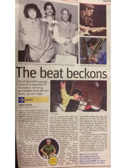A throwback newspaper article from the Times of India, titled "The beat beckons," about a percussion-focused concert featuring me, Ustad Zakir Hussain, and other legends.