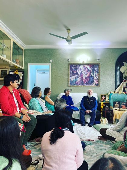 An intimate gathering in a home, remembering Swami Kriyananda. Our community extends beyond the center walls, as we often meet in smaller groups for satsang and fellowship.