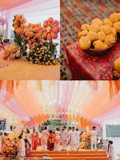 A collage showcasing a vibrant, floral-heavy haldi design. It features colorful drapes, large marigold arrangements, and traditional elements like laddus, perfect for a festive celebration.