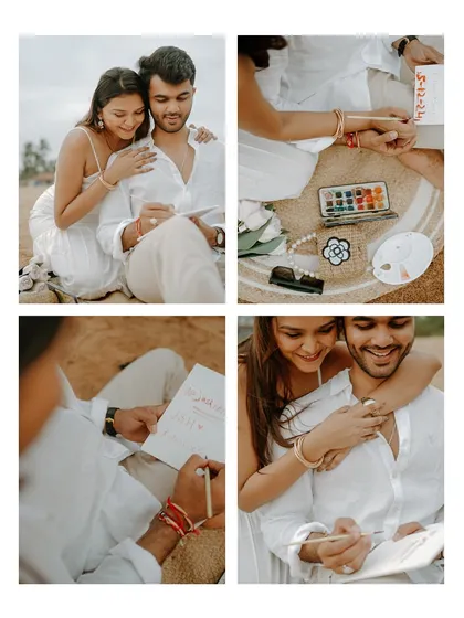 A collage from a creative beach setup in Goa. The couple is seen painting and sharing smiles, showcasing a personalized and interactive pre-wedding shoot concept that tells a story about their personalities.