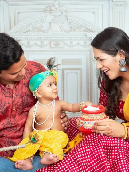 A beautiful family moment during our Janmashtami mini session. We love when parents join in to create these culturally rich and loving portraits with their little Krishna.
