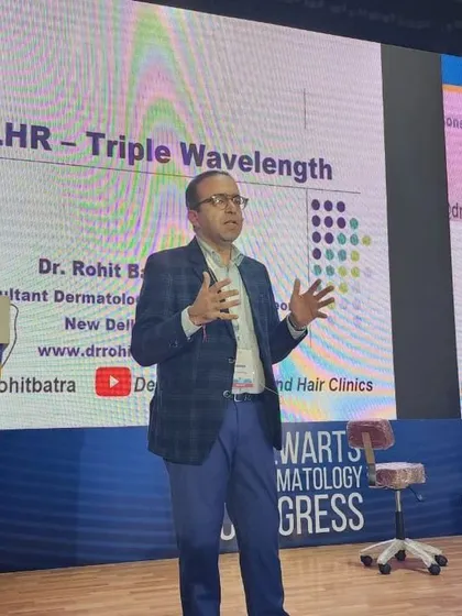 I often speak at national conferences to educate other dermatologists on the latest advancements. Here, I am presenting on Triple Wavelength Laser Hair Removal, which I use in my clinic because it is the gold standard for safety and effectiveness across all Indian skin tones.