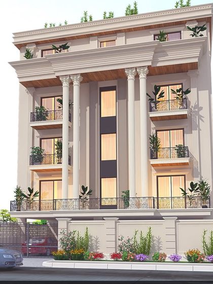 The front elevation view of our neo-classical concept, where symmetry, proportion, and classical details like pillars and cornices are key to the design's stately presence.