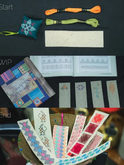 The journey of creating a Kasuti piece, from start to finish. It begins with thread and fabric, moves through the work-in-progress stage with pattern books for guidance, and ends with a collection of beautiful, handcrafted bookmarks.