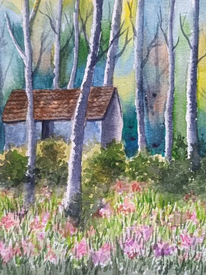 A watercolour painting of a small cabin nestled in a forest meadow. This piece uses soft colours and loose brushstrokes to create a peaceful, dreamlike scene.
