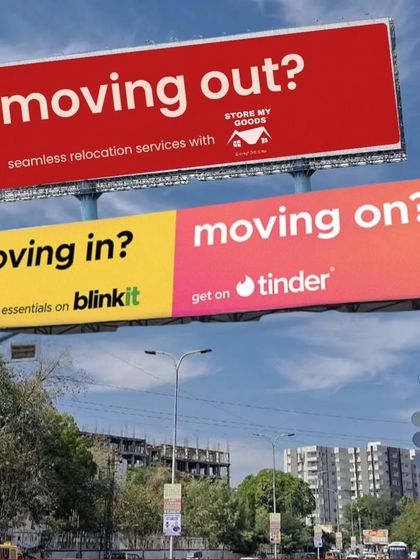 My intern's first day and they're already making these brilliant billboard edits. Moving out? Come to me. Moving in? Go to Blinkit. Moving on? Get on Tinder.