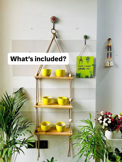 A close-up of our three-tier wooden shelf, which comes with six ceramic planters. This sturdy and elegant design is perfect for creating a lush green corner in your home.