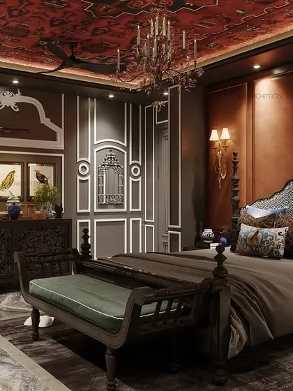 Step into timeless elegance with this classic-themed bedroom. The design features a rich red wallpapered ceiling, a luxurious leatherette paneled bed wall, and a statement poster bed to create a royal ambiance.