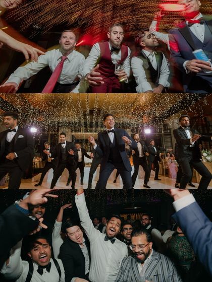 A collage of high-energy moments from the reception dance floor. These shots capture the groom and his friends celebrating, dancing, and having an unforgettable time.