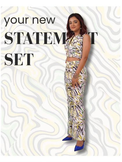 Your new statement set. This graphic showcases a bold printed co-ord set that's perfect for turning heads.