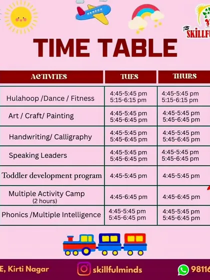 The time table for our Kirti Nagar center, outlining the schedule for activities on Tuesdays and Thursdays.