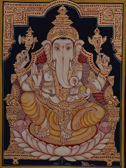 Lord Ganesha seated on a lotus, symbolizing purity and enlightenment. This composition is a favorite for pooja rooms, bringing blessings and removing obstacles.
