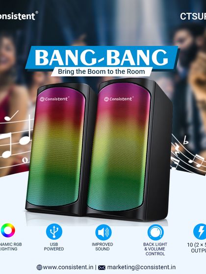 Bring the boom to your room with my "Bang-Bang" USB-powered speakers. They feature dynamic RGB lighting, improved sound with back light and volume control, and a total output of 10W (2 x 5W) for an energetic audio experience.