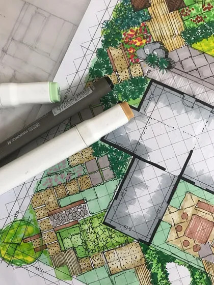 Our design process often begins with hand-rendered, colored plans like this one. This allows us to explore the textures, plant palettes, and spatial relationships of a landscape design in a tangible, artistic way before moving to digital modeling.
