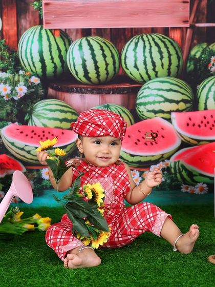 A baby in a red plaid outfit holds a sunflower in this cute watermelon farm setting. The mix of fruits and flowers creates a colorful and vibrant scene.