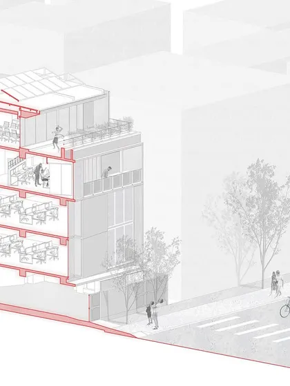 A sectional axonometric diagram of our studio building, 113. This illustration shows the vertical organization of the office, with our studio on the upper levels and additional floors for multidisciplinary use.