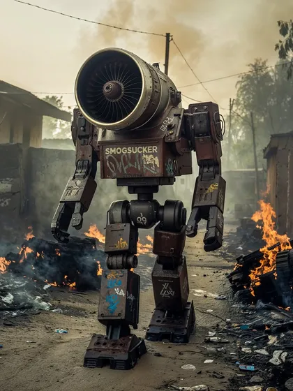A 'Smogsucker' mech stands amidst burning trash in a slum. This series imagines giant robots deployed to clean hazardous air, a brutalist solution to a pollution crisis.