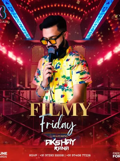 A poster for "Filmy Friday" at Boomrang, a night of pure Bollywood fun with free shooters for the ladies.
