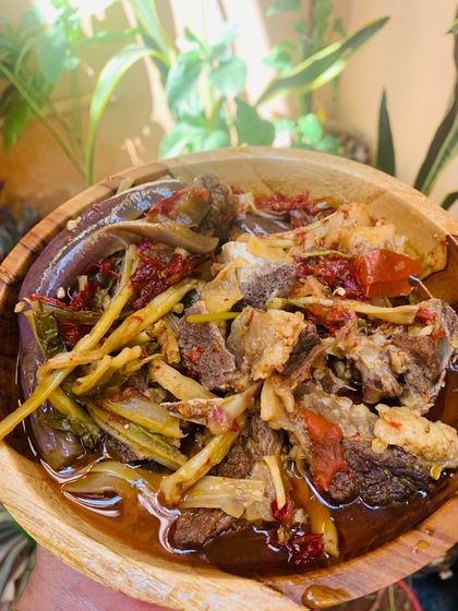 The beef bones are so tender in this broth, and the bamboo shoot stems add a nice crunch.