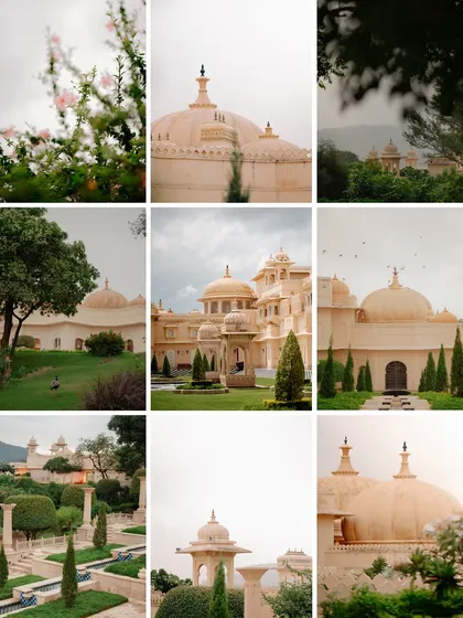 A collage showcasing the magnificent architecture and lush gardens of Udaivilas. These shots set the scene for a luxurious and grand pre-wedding story in Udaipur.