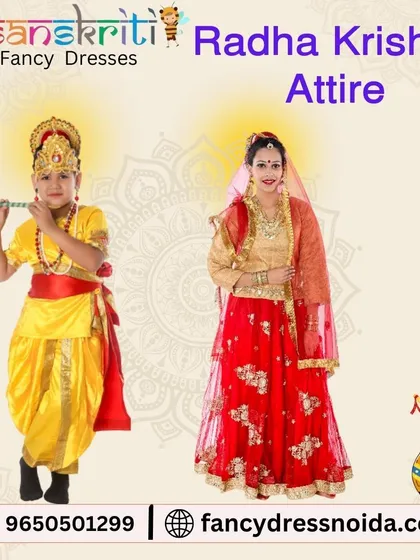 Create the perfect divine pair with my Radha and Krishna attire. This set shows a classic yellow Krishna costume for a boy and a beautiful red lehenga for a girl, ideal for a couple's theme.