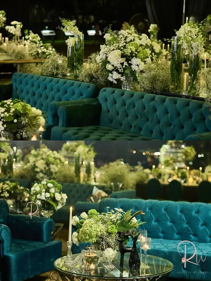 For this Sangeet, I paired deep teal velvet sofas with mirrored tables and an abundance of white and green florals. The contrast creates a look that is both rich and refreshing.
