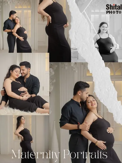 This elegant collage gathers the best moments from a classic studio session with the couple in black, showcasing a variety of poses and angles in one beautiful image.