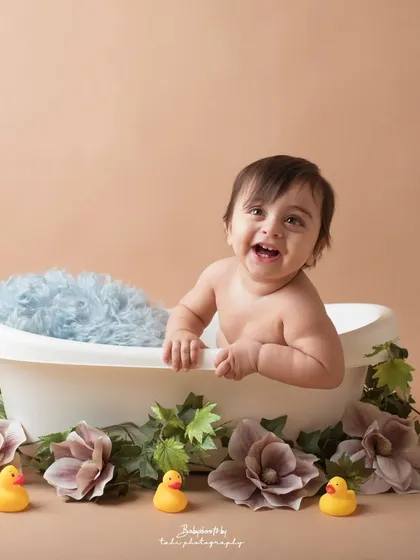 A big, happy laugh from the tub! This baby is having the best time during his bath-themed sitter session.