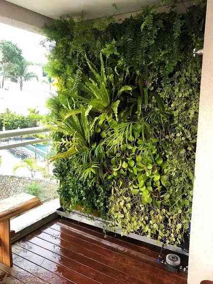 This is the same balcony vertical garden, showing how it overlooks a pool area. The green wall adds a beautiful natural element to the view and enhances the feeling of a private oasis.