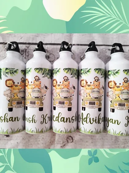 A close-up of the personalized jungle safari water bottles, showing the high-quality printing and durable design that's perfect for kids.