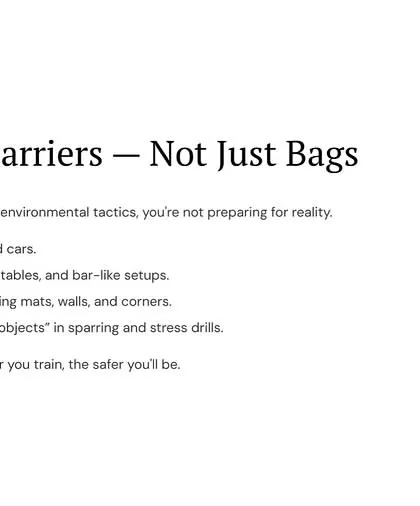 If your training doesn't include environmental tactics, you're not preparing for reality. We run drills in and around cars, with tables and chairs, and in confined spaces. The dirtier you train, the safer you'll be.