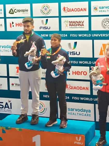 The winners of the 10M Air Rifle Mixed Team event proudly display their medals and mascots. We believe in celebrating every victory, big or small, to inspire future generations.