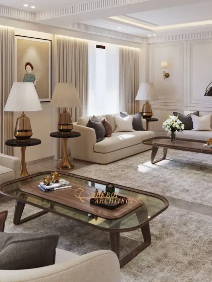 This angle showcases the carefully curated furniture layout, designed to facilitate conversation. The glass and wood coffee tables are layered to add depth and functionality.