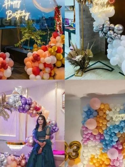 A collage showcasing our expertise in balloon decorations for home celebrations in Ghaziabad, from colorful arches to elegant backdrops.