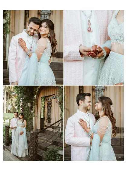 A collection of four portraits of Avi and Devika. This set includes close-ups of their hands and outfits, as well as wider shots showing their loving interactions.