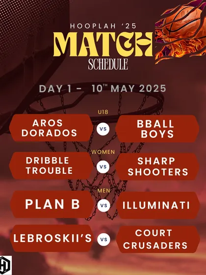 The match schedule for Day 1 of Hooplah '25, kicking off the tournament with a full slate of games.