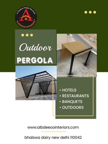 This graphic highlights two distinct outdoor pergola styles I build: a minimalist design with a yellow slatted roof and a bold, angular structure. I provide these custom solutions for homes, hotels, and restaurants.