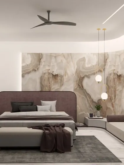 In this master bedroom render for SVASA 2A, a curved wall clad in onyx marble creates a stunning, fluid backdrop for the bed. The soft lavender and grey tones enhance the room's serene and luxurious feel.