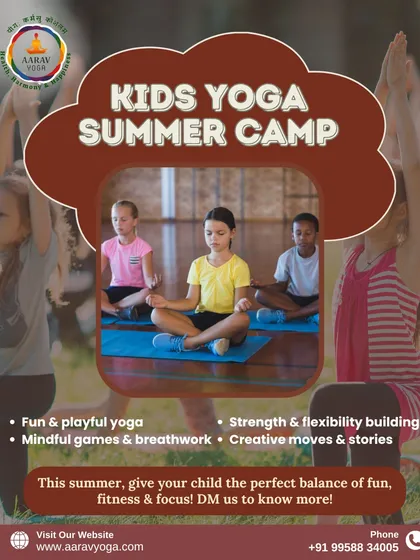 Announcing our Kids Yoga Summer Camp. This graphic details the fun and mindful activities we offer, from playful yoga and breathwork to creative stories that build strength and focus.