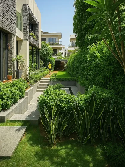 Another view of the Jaipur garden, showing the pathway leading through the multi-level design. The use of snake plants and other low-maintenance greens adds texture.